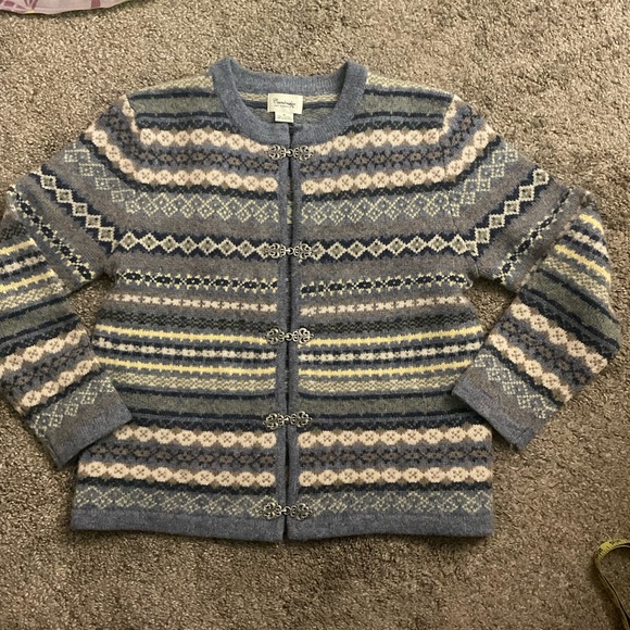 Cambridge Dry Goods Sweaters - Vintage Cambridge Dry Goods Wool Nordic Pewter Clasp Fair Isle Cardigan Sweater
